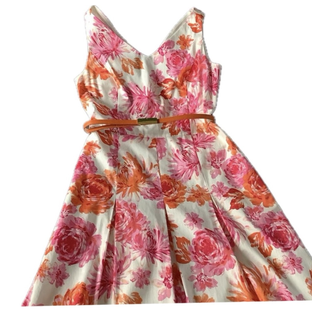 Jones New York Floral Dress | Tangerine & Pink | V-Neck | Pockets | Size 10| EUC